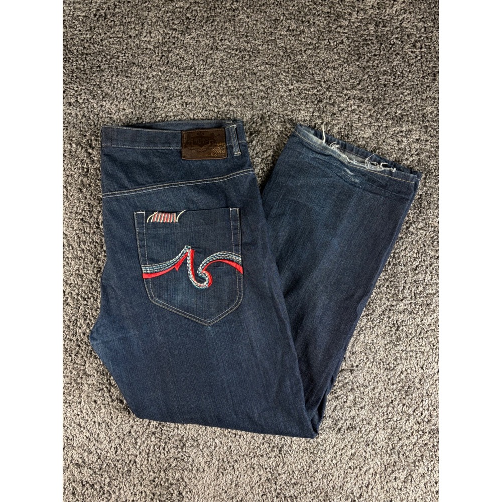 Akademiks Mens Baggy Y2K Embroidered Jeans Dark Wash Denim Size 46 Distressed